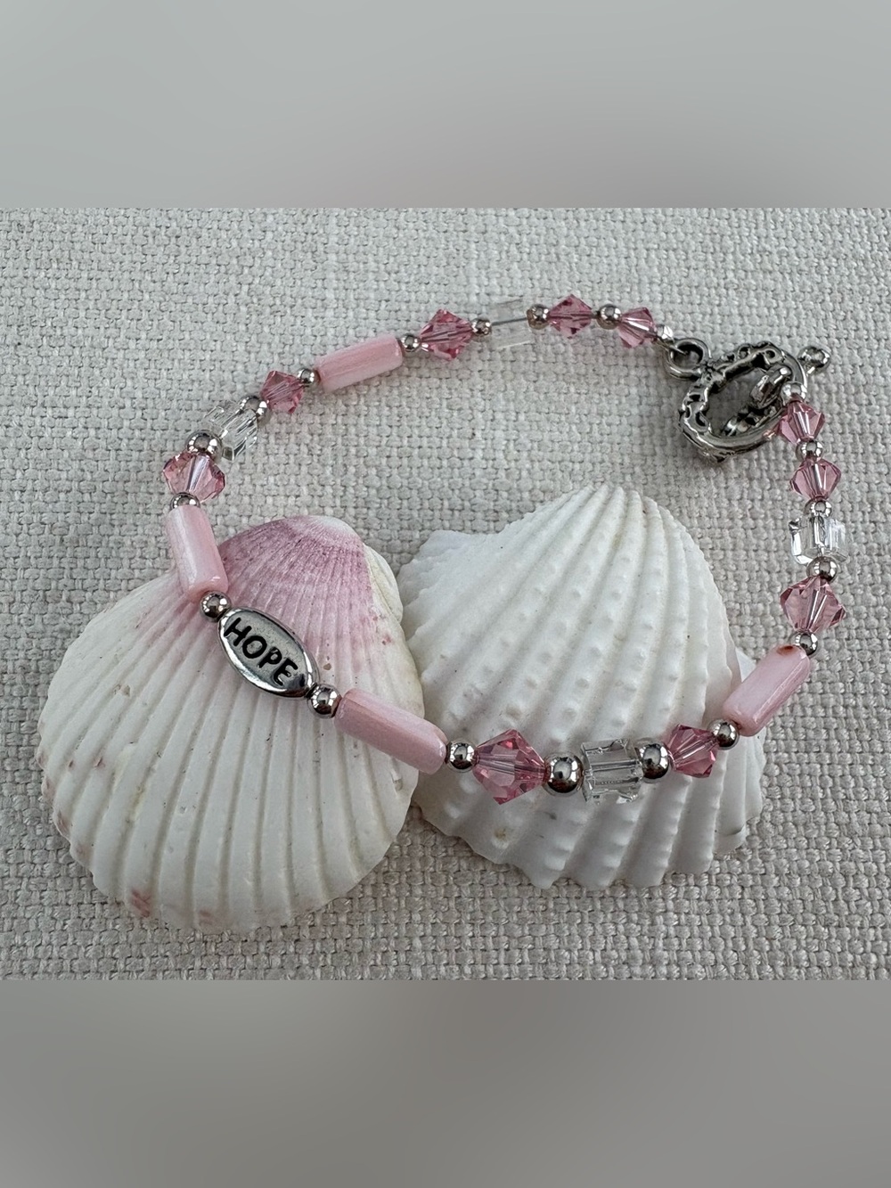 Two Breast Cancer Awareness Bracelets. Swarovski, Sterling, Bali and Pink Beads.